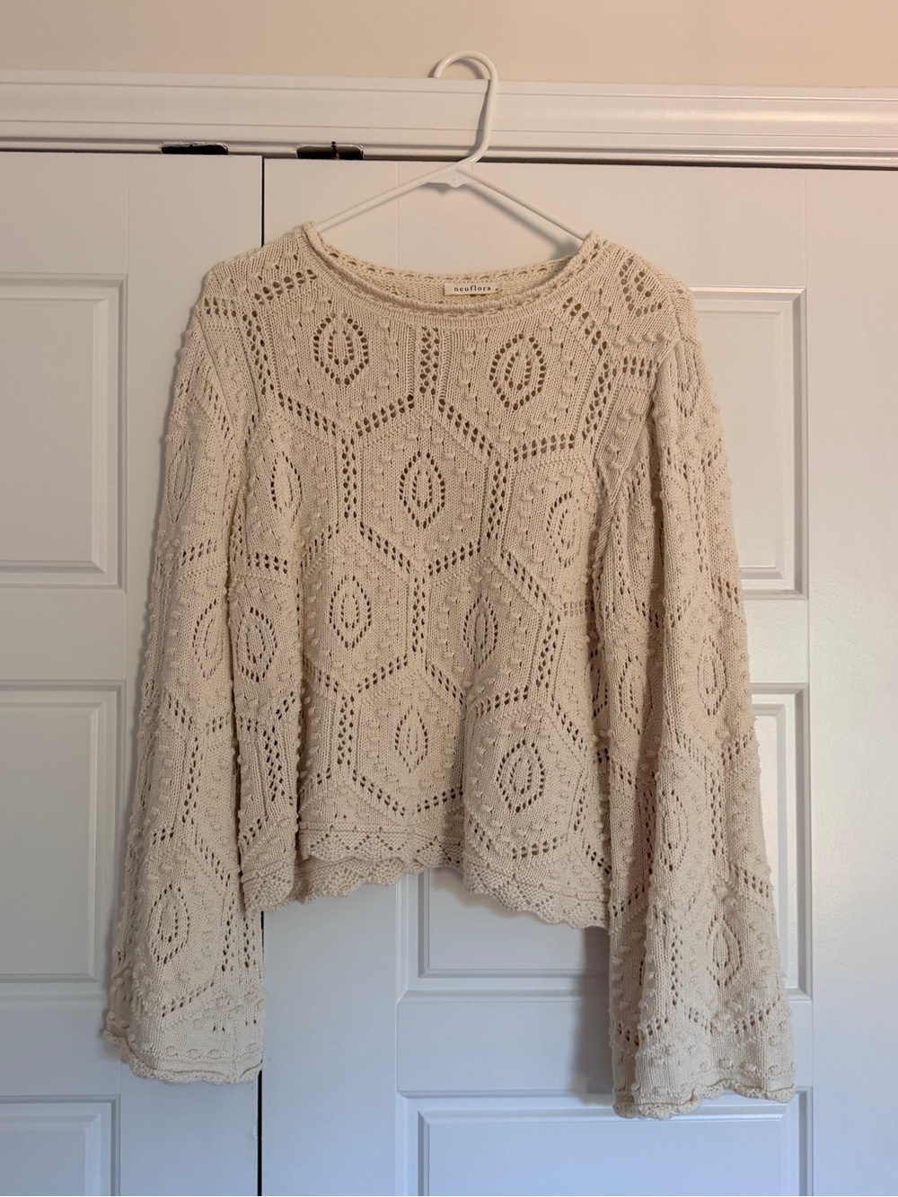 Neuflora Monterey Crochet Scoop Neck Bell Sleeve Sweater in Cream